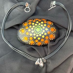 Black/Silver cord necklace with teardrop pendents